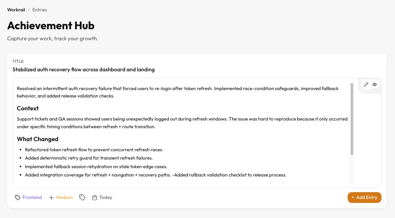 Workrail entry editor showing auth recovery work documentation