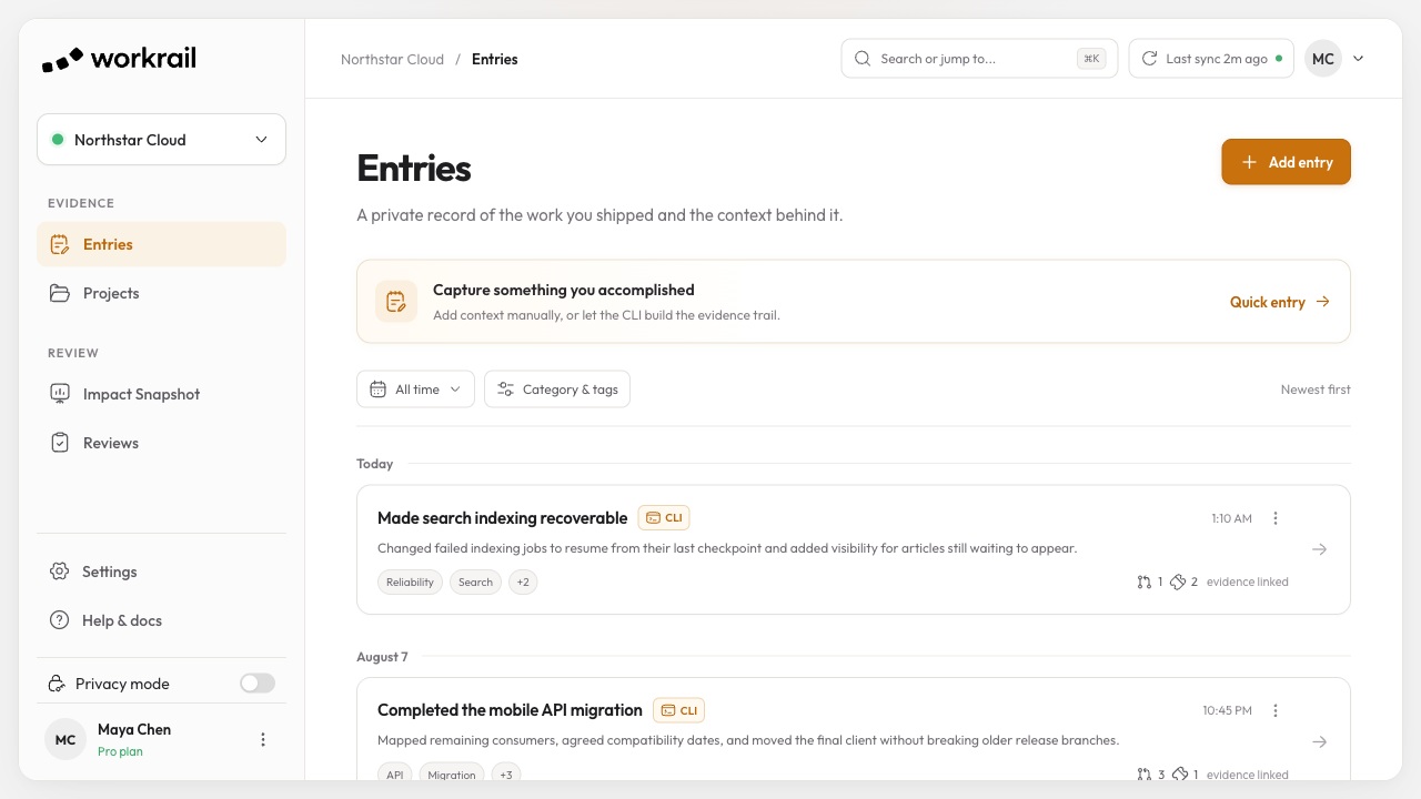 Workrail entries showing captured engineering accomplishments