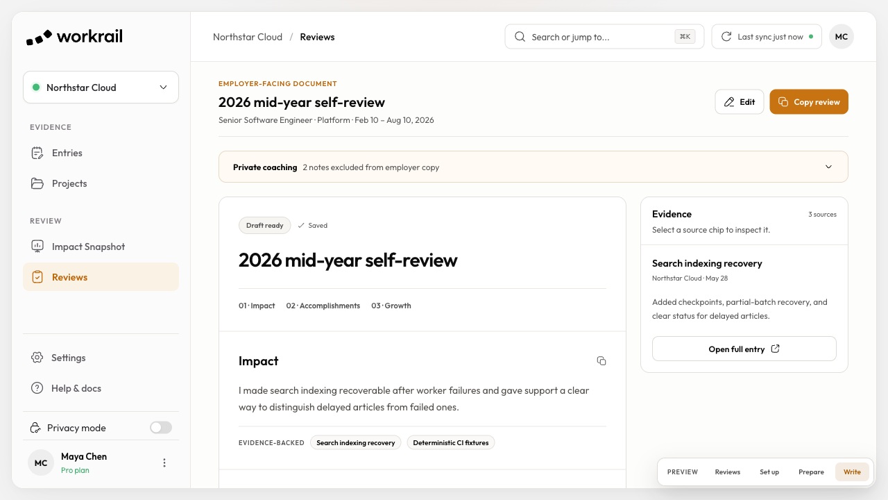 A Workrail performance review draft with linked evidence